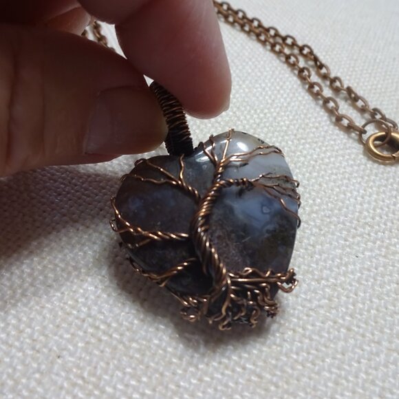 Rustic PLUM JASPER HEART Handmade COPPER WIRE-WRAPPED Pendant/Chain #887B - Picture 2 of 3